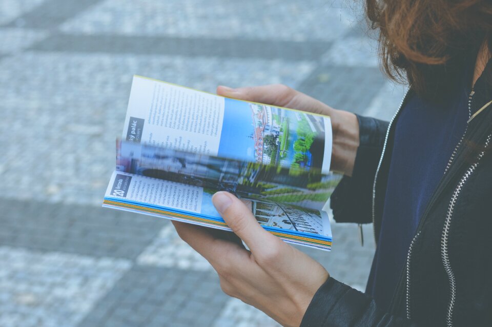 Person reading blue book