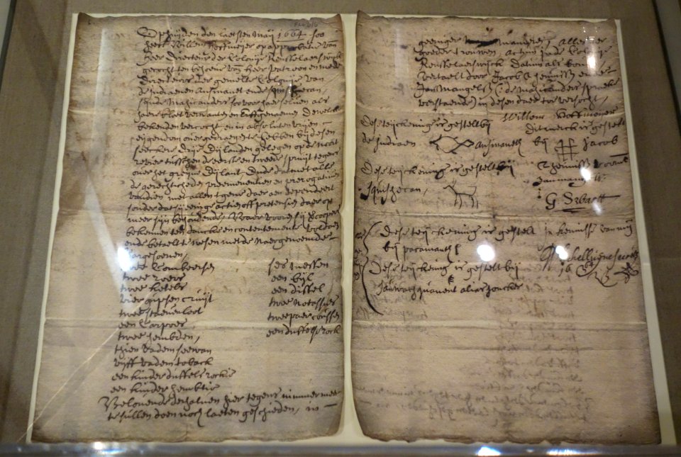 Land deed, May 31, 1664, Willem Hoffmeyer purchase of 3 islands in the Hudson River near Troy from three native Mahicans - Albany Institute of History and Art - DSC07971