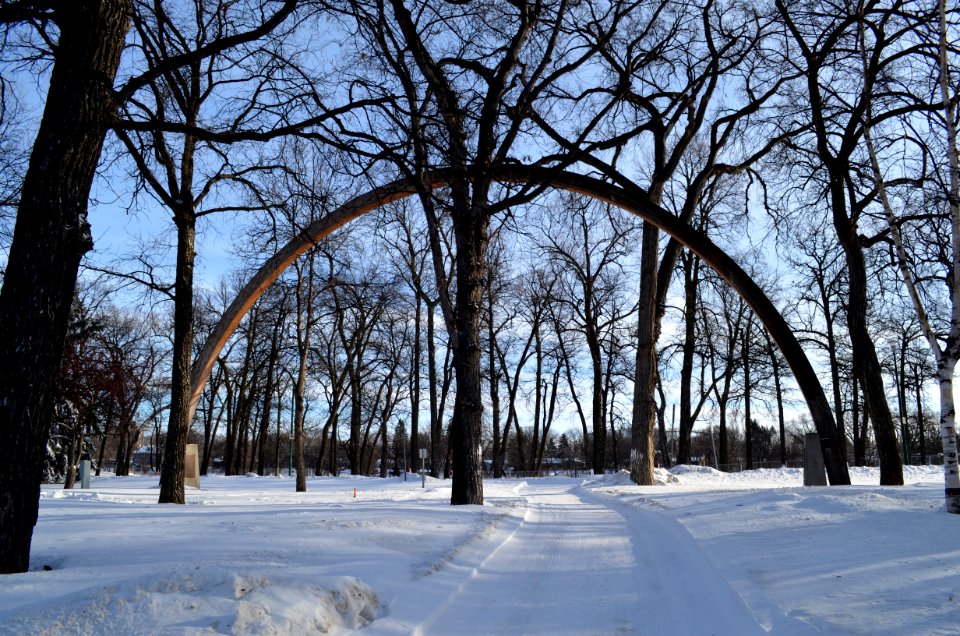Laminated timber arch replica of original roof support of Rainbow Stage in Kildonan Park in Winnipeg Manitoba