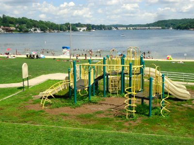 Lake Hopatcong childrens play area with lake in background