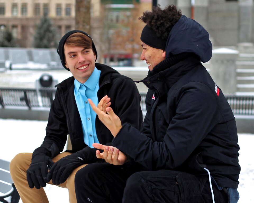 Male conversation smile