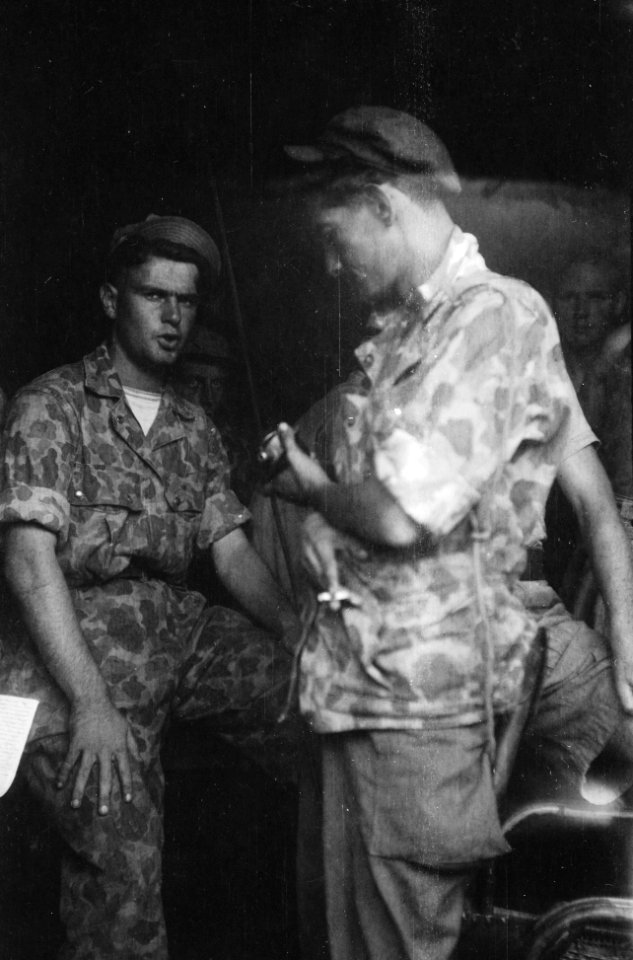Luitenant in camouflage uniform heeft een microfoon.in zijn hand. Naast hem een…, Bestanddeelnr 10753