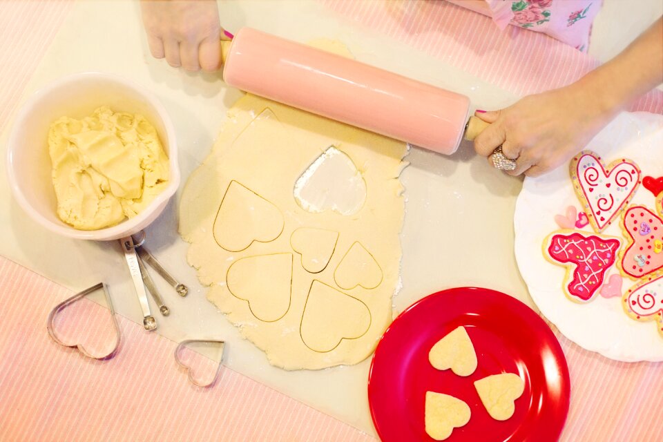Heart-shaped cookies dough rolling pin
