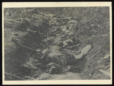 Loopgraaf met de lijken van een groot aantal gesneuvelde militairen., Bestanddeelnr 158-1300