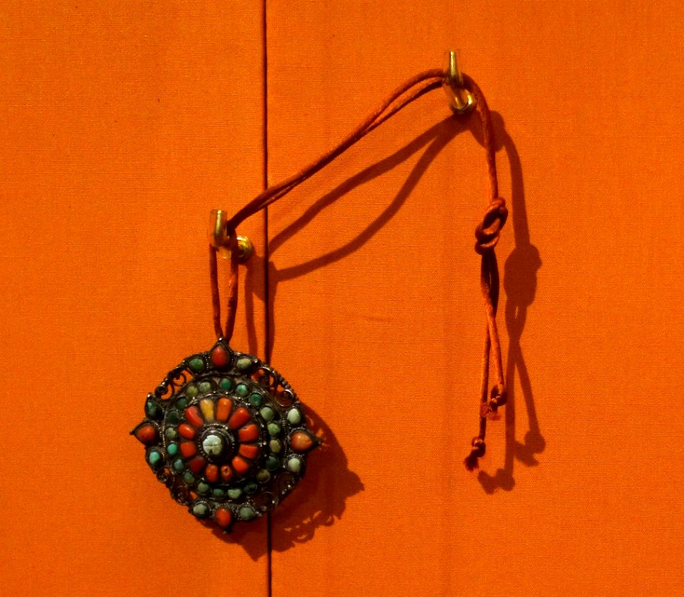 Lotus pendant, Ladakh, India, 20th century, coral, turquoise, silver, silk - Fernbank Museum of Natural History - DSC00076