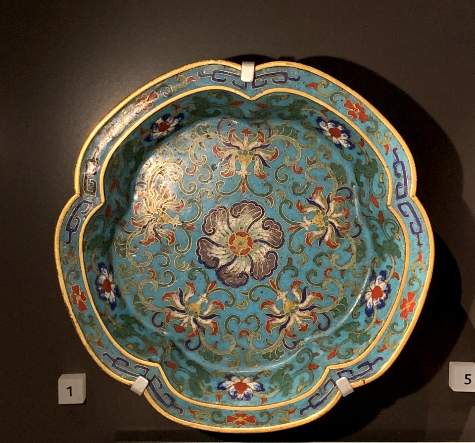 Lotus pedal shaped dish, Cloisonné, China, 18th century, at the National Museum of Scotland