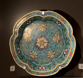 Lotus pedal shaped dish, Cloisonné, China, 18th century, at the National Museum of Scotland