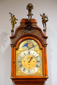 Long Case Musical Clock by Otto van Meurs, Amsterdam, view 2, c. 1750-1775, oak with burl walnut veneer, mahogany inlay, walnut, gilt brass, paint - Fogg Art Museum, Harvard University - DSC01602