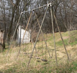 Long Creek School swings and outhouse