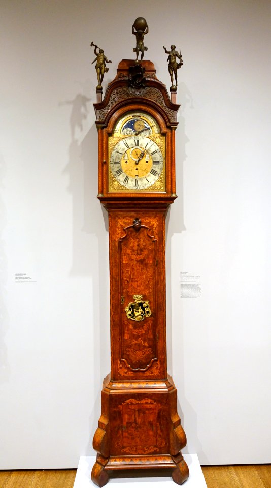 Long Case Musical Clock by Otto van Meurs, Amsterdam, view 1, c. 1750-1775, oak with burl walnut veneer, mahogany inlay, walnut, gilt brass, paint - Fogg Art Museum, Harvard University - DSC01598