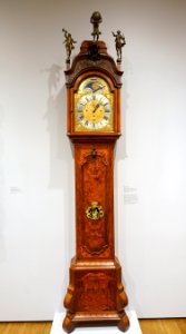 Long Case Musical Clock by Otto van Meurs, Amsterdam, view 1, c. 1750-1775, oak with burl walnut veneer, mahogany inlay, walnut, gilt brass, paint - Fogg Art Museum, Harvard University - DSC01598
