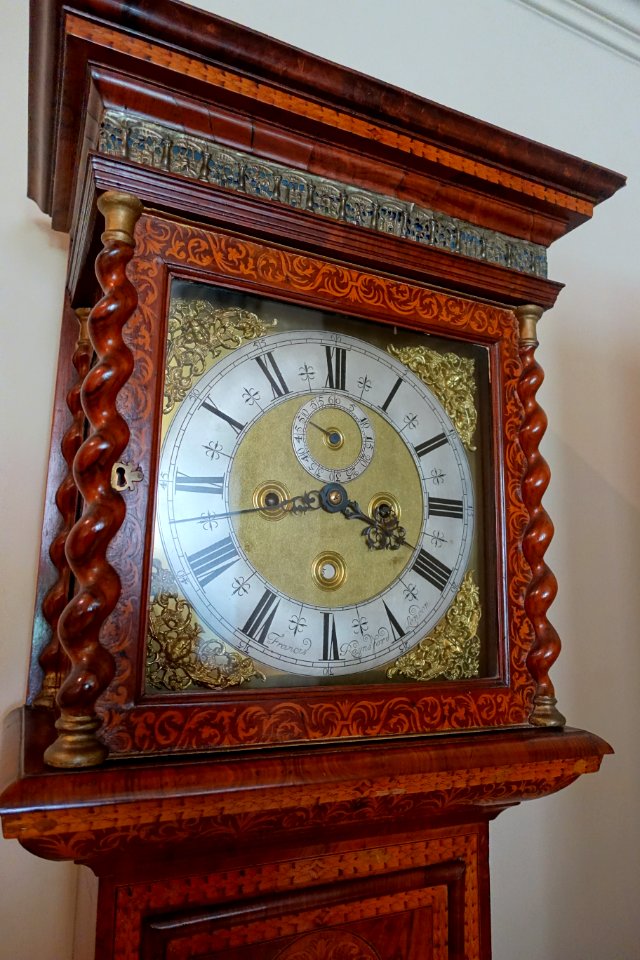 Longcase clock by Francis Raynsford, London, 1690, view 2, brass, glass, oak, silver, steel, walnut - Kingston Lacy - Dorset, England - DSC03600