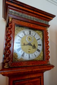 Longcase clock by Francis Raynsford, London, 1690, view 2, brass, glass, oak, silver, steel, walnut - Kingston Lacy - Dorset, England - DSC03600