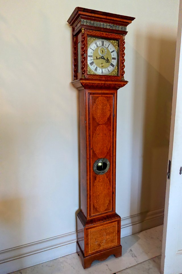 Longcase clock by Francis Raynsford, London, 1690, view 1, brass, glass, oak, silver, steel, walnut - Kingston Lacy - Dorset, England - DSC03596