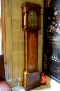 Longcase clock by Francis Reynolds, Kensington, c. 1730, burr walnut - Chapel Corridor, Chatsworth House - Derbyshire, England - DSC03101