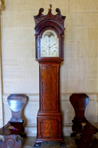 Longcase clock, maker unknown, 1700-17999, mahogany, steel, metal, lead, view 1 - Lacock Abbey - Wiltshire, England - DSC00969