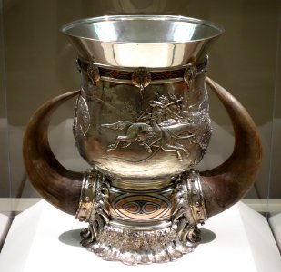 Loving Cup by Tiffany Co., Paulding Farnham attrib designer, Eugene Soligny attrib chaser, 1897, silver, copper, niello, horn - Cincinnati Art Museum - DSC04483 photo