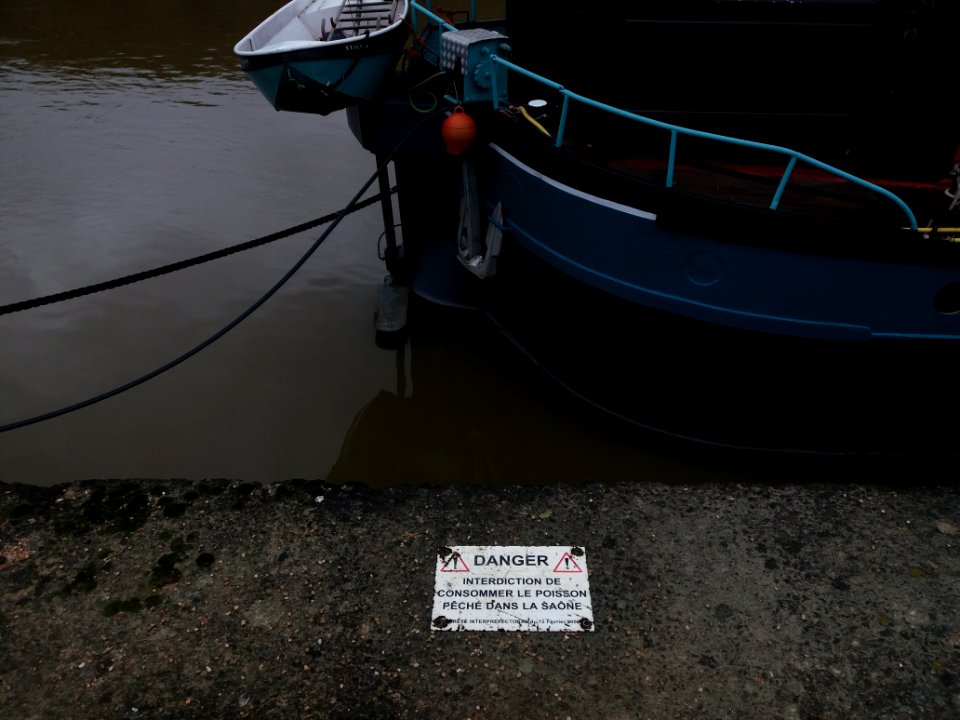 Lyon 2e - Quai Rambaud, plaque Interdiction de consommer le poisson pêché dans la Saône