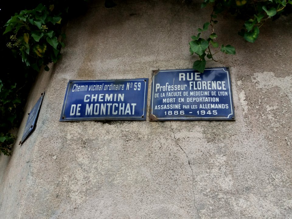 Lyon 3e - Rue Professeur Florence, plaque et ancienne plaque Chemin de Monchat, chemin vicinal ordinaire N°59