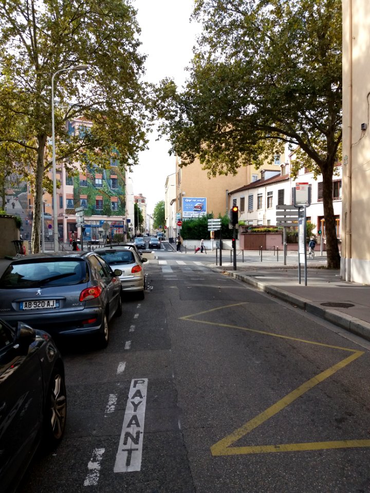 Lyon 4e - Rue Denfert-Rochereau, vers le sud, en traversant le boulevard des Canuts