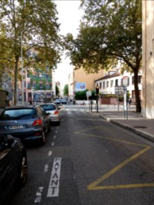 Lyon 4e - Rue Denfert-Rochereau, vers le sud, en traversant le boulevard des Canuts