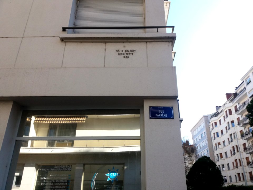 Lyon 6e - Rue Barrème, plaque d'architecte, Félix Brachet 1966