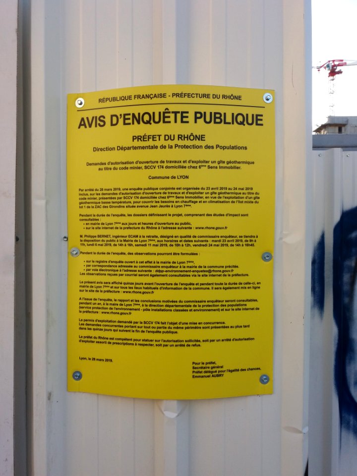 Lyon 7e - Avenue Jean Jaurès, avis d'enquête publique au niveau de la place Antoinette Fouque, pour l'exploitation d'un gîte géothermique