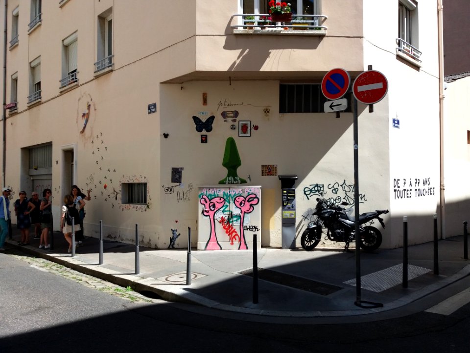 Lyon 1er - Rue de Crimée, nombreux graffiti à l'angle de la rue Sainte Clotilde