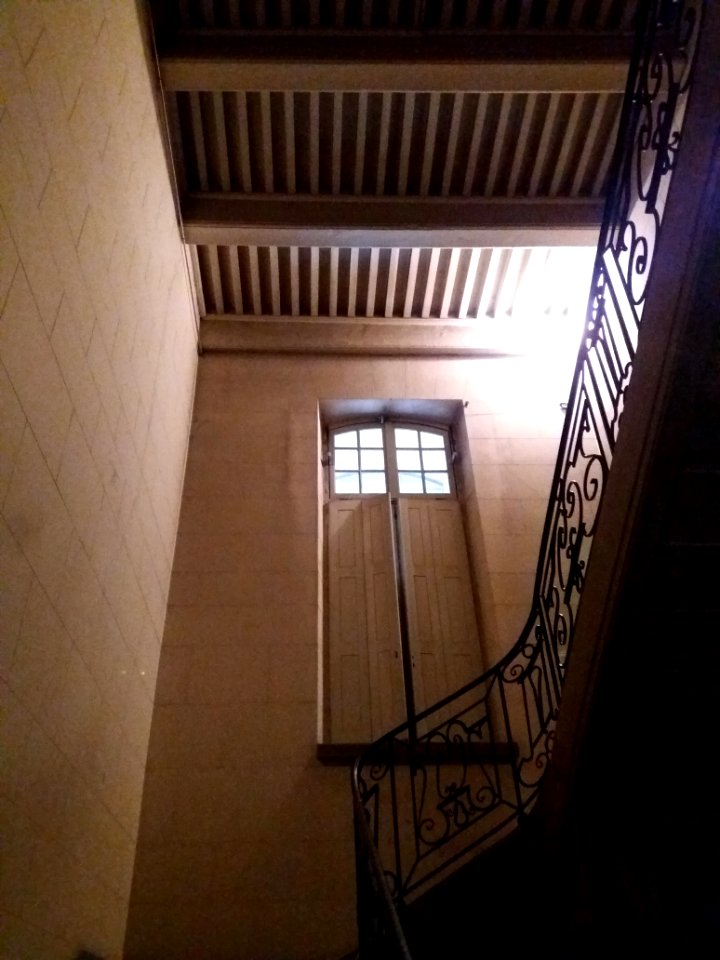 Lyon 2e - Hôtel de Villeroy, petit escalier avec fenêtre et plafond