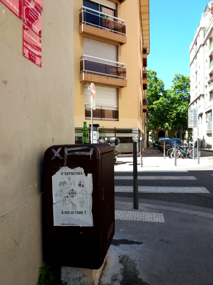 Lyon 1er - Rue Ozanam, armoire de rue avec affiche d'Extinction Rebellion