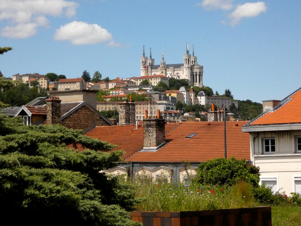 Lyon 2e - Jardins suspendus de Perrache - Côté Saône, vue sur la basilique de Fourvière
