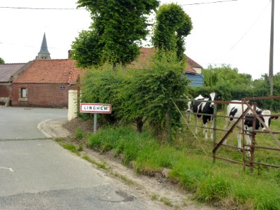 Linghem (Pas-de-Calais) panneau d'entrée, tour de l'église