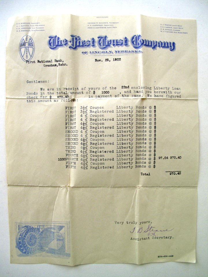 Liberty loan redemption letter 1922