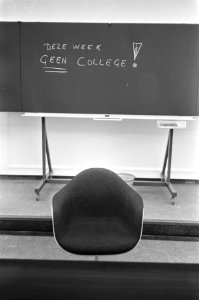 Leuven, professoren staken, de collegezaal, op het bord staat geschreven dat de , Bestanddeelnr 921-0343