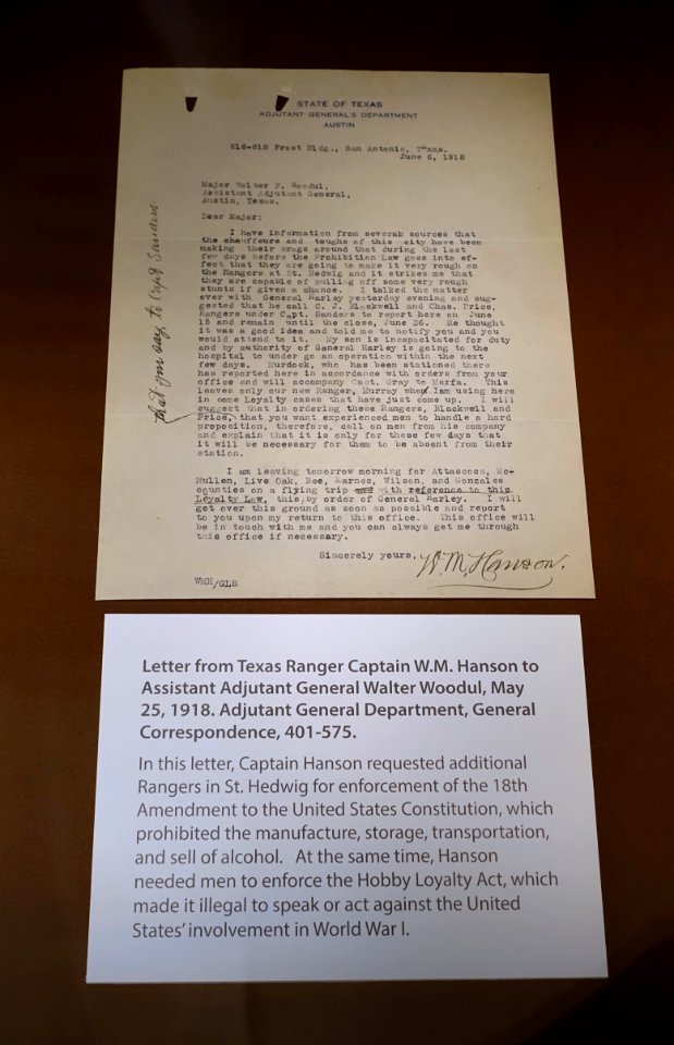 Letter from Texas Ranger Captain W. M. Hanson re the 18th Amendment, May 25, 1918 - Lorenzo de Zavala State Archives and Library Building - Austin, Texas - DSC08355