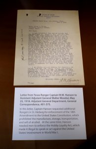 Letter from Texas Ranger Captain W. M. Hanson re the 18th Amendment, May 25, 1918 - Lorenzo de Zavala State Archives and Library Building - Austin, Texas - DSC08355