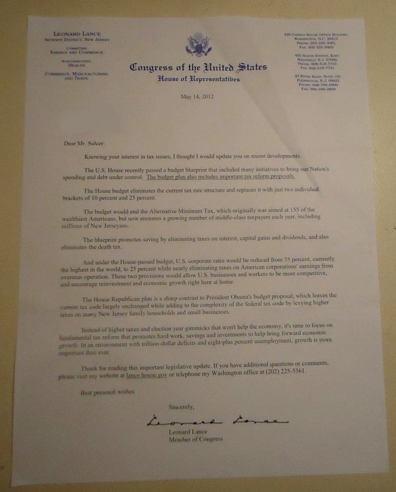 Letter from congressperson Leonard Lance to me using franking privilege