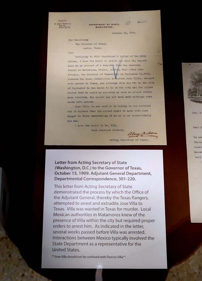 Letter from US Acting Secretary of State to Governor of Texas, re Jose Villa, October 15, 1909 - Lorenzo de Zavala State Archives and Library Building - Austin, Texas - DSC08359
