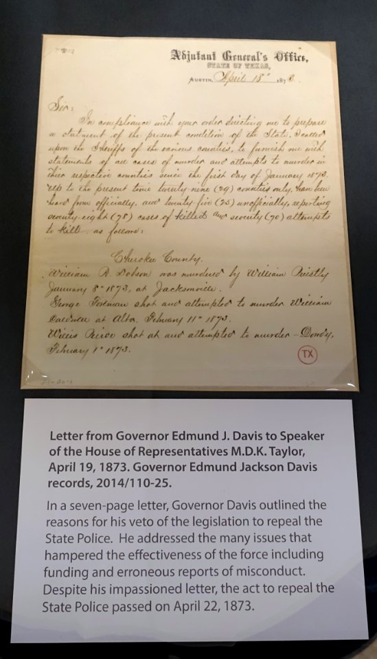 Letter from Gov. Edmund J. Davis to Speaker of the House M. D. K. Taylor, April 19, 1873 - Lorenzo de Zavala State Archives and Library Building - Austin, Texas - DSC08364