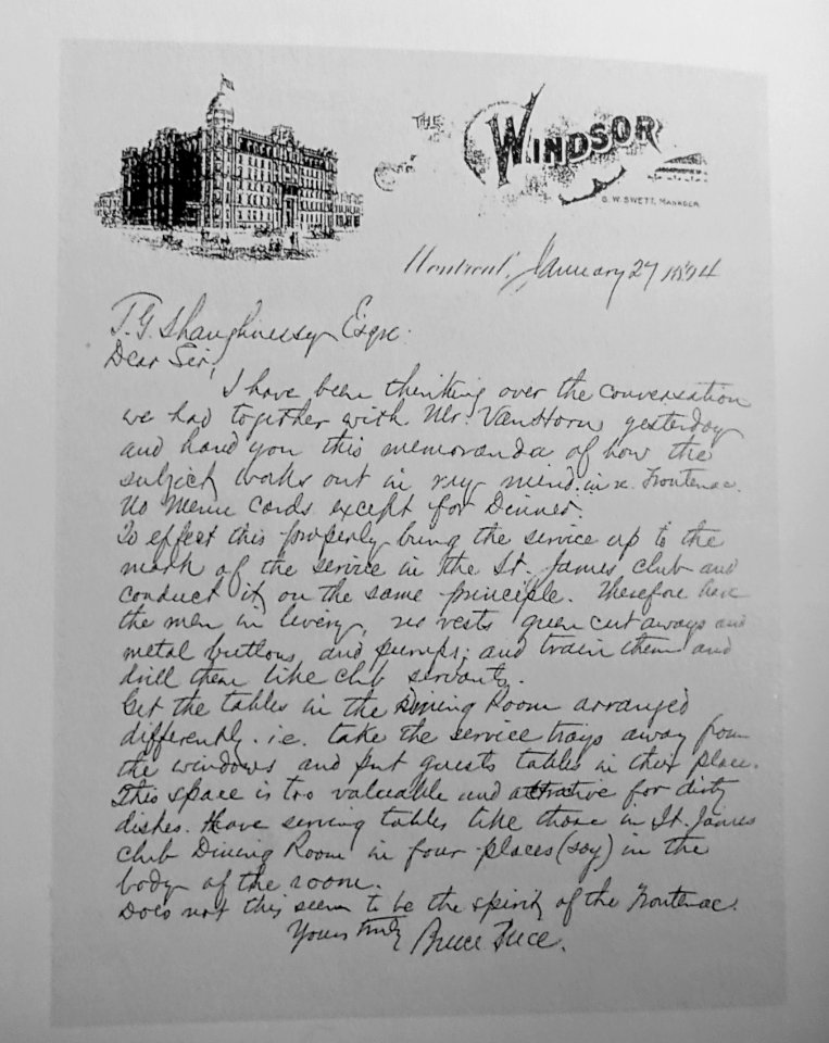 Letter from Bruce Price to Thomas G. Shaughnessy, January 27, 1894, with suggesting for improving Frontenac dining room service - reprinted in Grand Hotels, Reality and Illusion by Elaine Denby - DSC03848