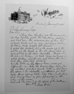 Letter from Bruce Price to Thomas G. Shaughnessy, January 27, 1894, with suggesting for improving Frontenac dining room service - reprinted in Grand Hotels, Reality and Illusion by Elaine Denby - DSC03848