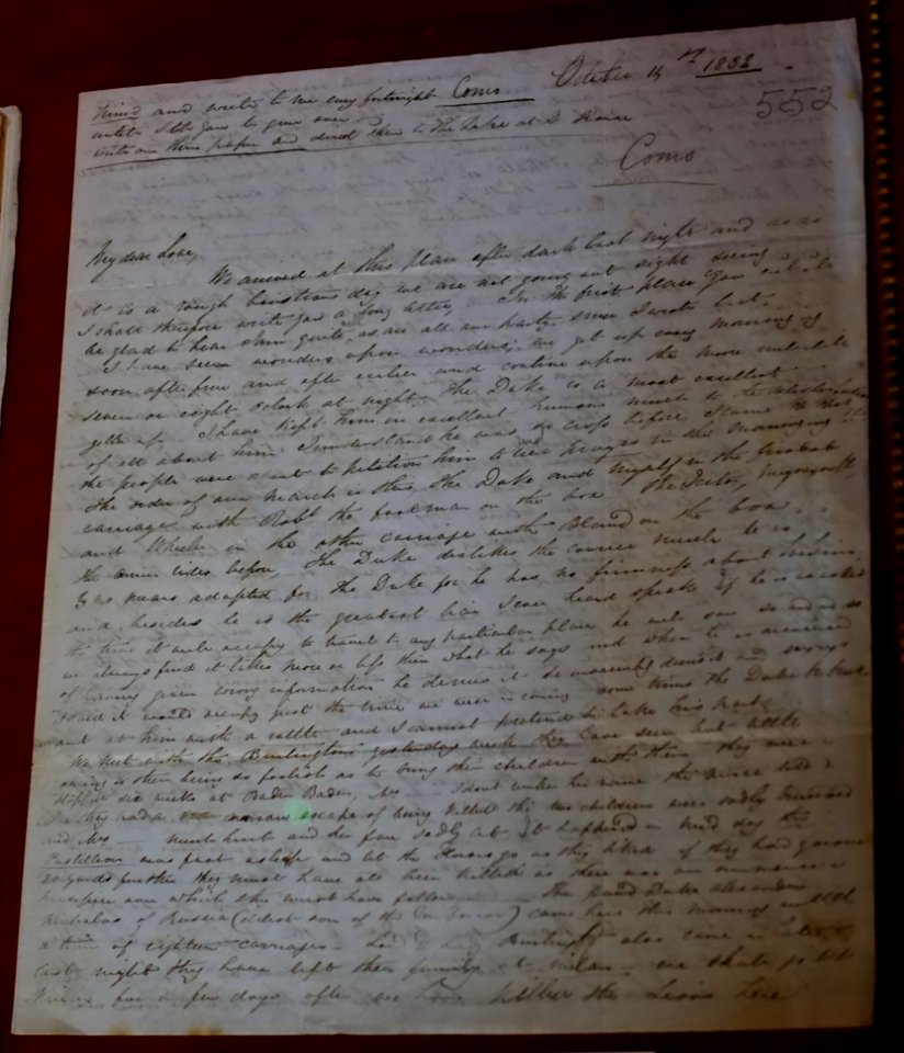 Letter from Joseph Paxton to his wife Sarah, Como, Italy, 14 October 1838 - Chatsworth House - Derbyshire, England - DSC03385