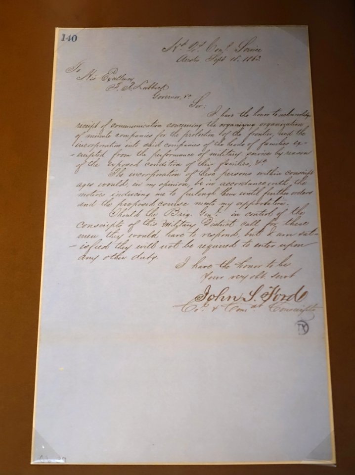 Letter from Col. John Salmon 'Rip' Ford to Gov. Francis R. Lubbock, September 18, 1863 - Lorenzo de Zavala State Archives and Library Building - Austin, Texas - DSC08369