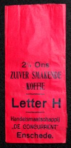 Letter H 2,5 ons koffie zakje van Handelsmaatschappij De Concurrent, Enschede, voorkant