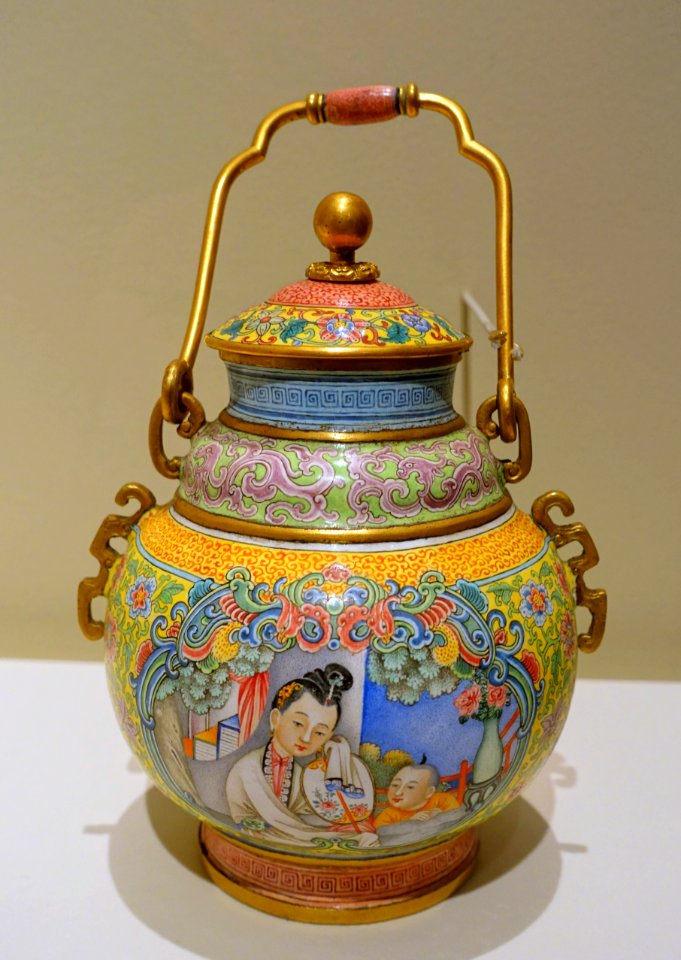 Lidded jar with lady and boy, China, Imperial Workshop, Beijing, Qianlong period, 1736-1795 AD, enamel on copper alloy, gilding - Peabody Essex Museum - DSC07955
