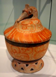 Lidded vessel depicting cormorant, vessel 1 of 2, Maya, Maya lowlands region, Early Classic Period, 250-600 AD, ceramic - Royal Ontario Museum - DSC04503