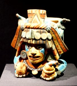 Lidded effigy container in the form of a diving god, Maya, Northern Belize or Quintana Roo, Mexico, c. 1500 AD, ceramic, post-fire polychrome paint - Princeton University Art Museum - DSC07161