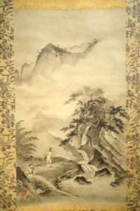 Li Bai viewing the waterfall at Mr. Lu, by Soami (d. 1525), Japan, Muromachi period, approx. 1500-1525, hanging scroll, ink on paper - Asian Art Museum of San Francisco - DSC01478