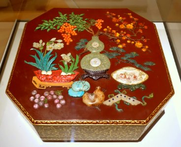 Lidded box with plants, flowers, fruits, vessels, and stone chime, China, probably Suzhou, Qianlong period, 1736-1795 AD, lacquer on wood, jade, turquoise, amber, coral, etc - Peabody Essex Museum - DSC07998
