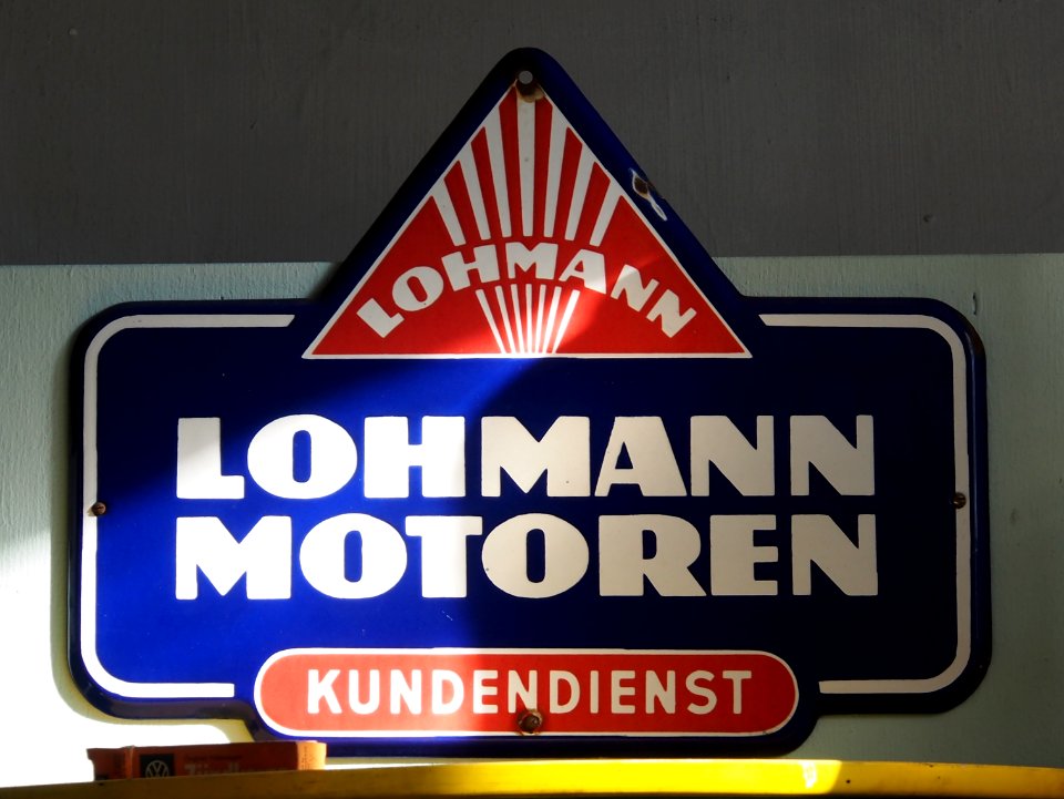 Lohmann Motoren enamel advertising sign, Auto & Uhrenwelt Schramberg